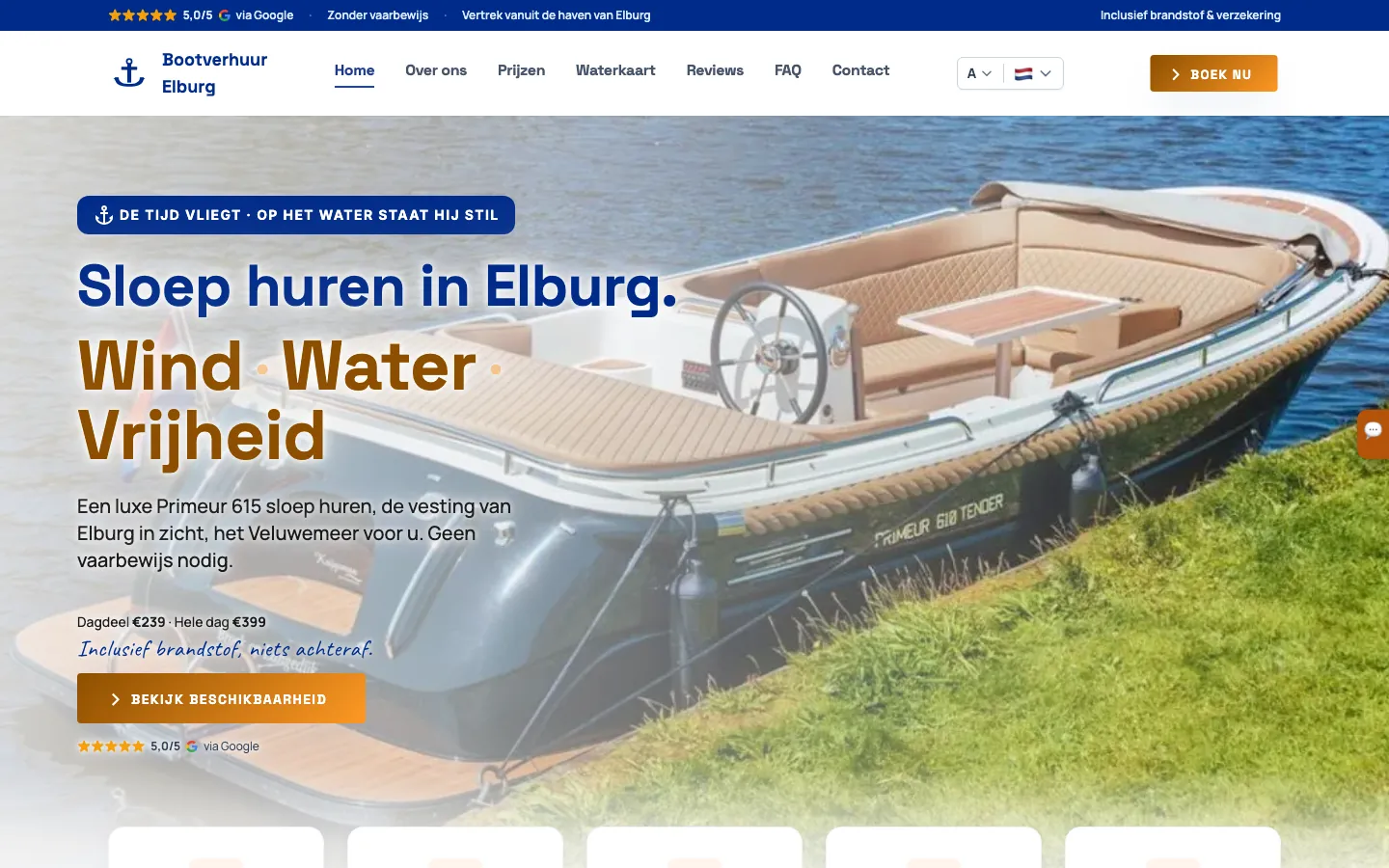 De homepage van bootverhuurelburg.nl op een laptop: sloep huren in Elburg.
