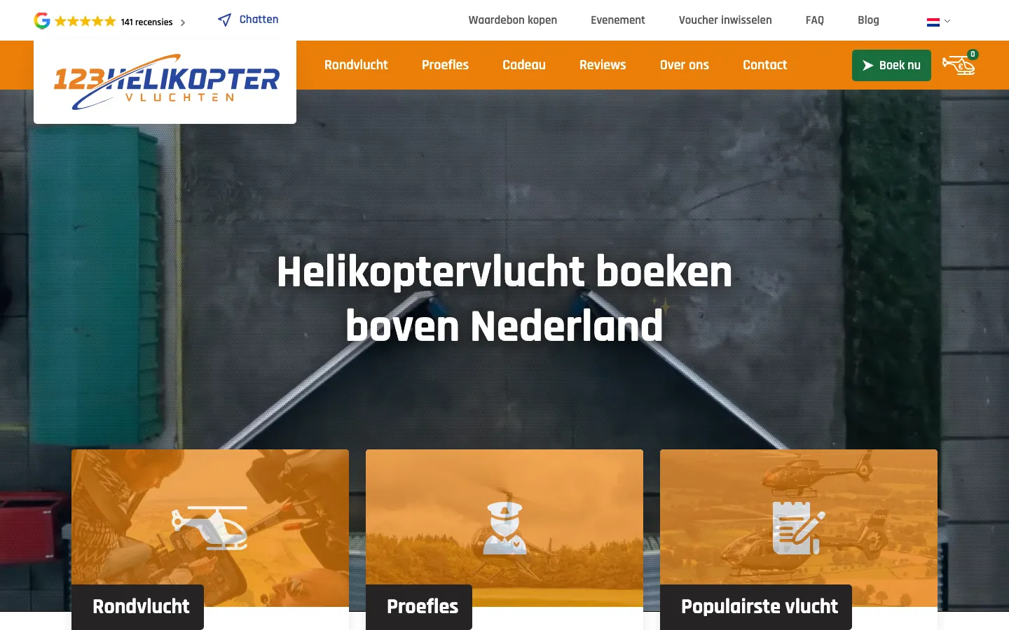 The 123helikoptervluchten.nl homepage on a laptop: book a helicopter flight over the Netherlands.