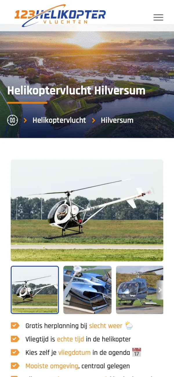 The booking page for a helicopter flight from Hilversum on a phone.