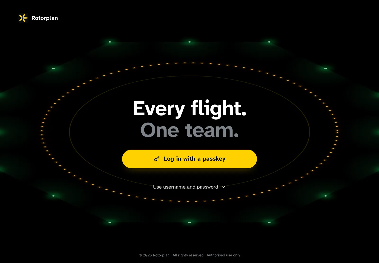The Rotorplan sign-in screen on a tablet: Every flight. One team.